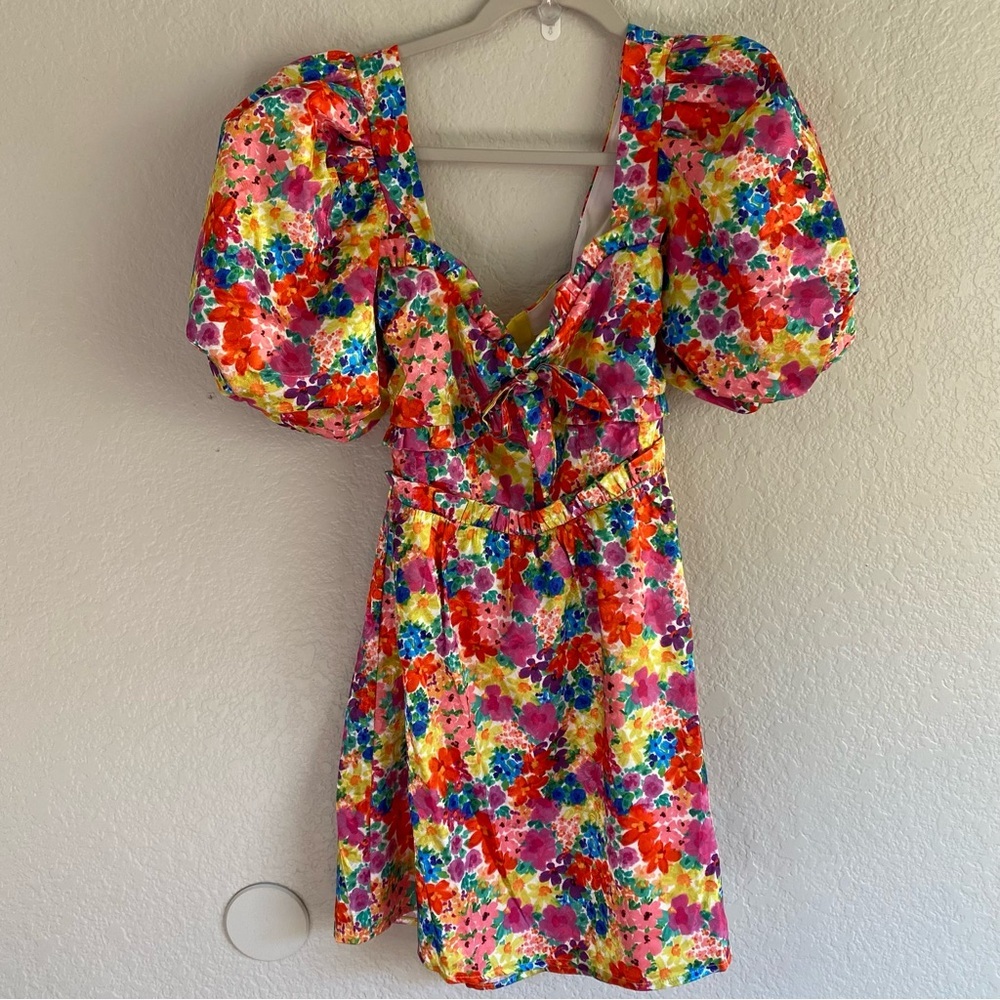 For Love & Lemons Merrill Puff Sleeve Mini Dress - Red-Colorful Floral